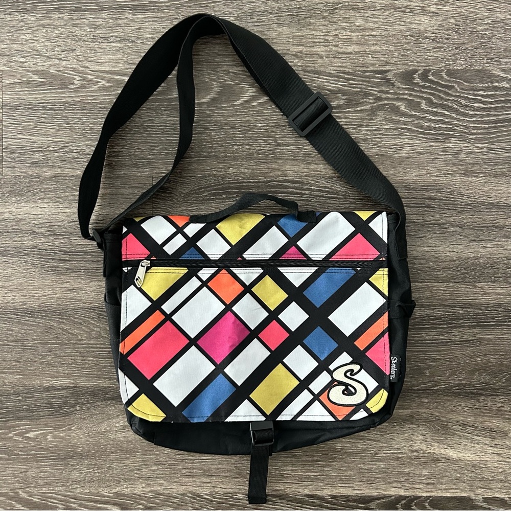 Y2K Skechers Crossbody Messenger Bag Pockets Colorful Geometric Design Mondrian
